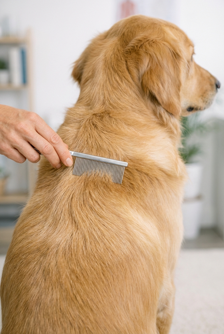 A real photograph of a hand holding a flea comb near a dog's coat while the dog sits calmly
