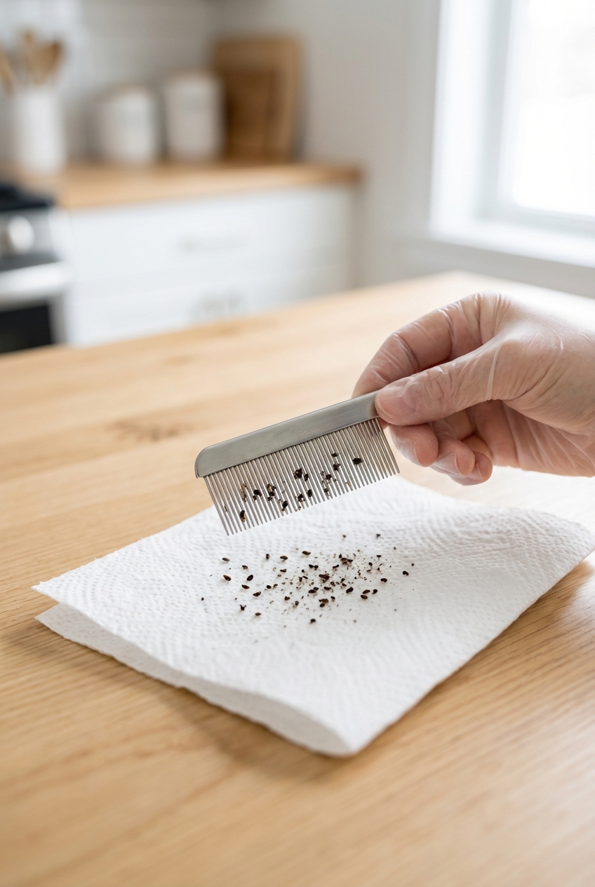 A real photograph of a hand holding a flea comb with small dark specks on a white paper towel on a tabletop