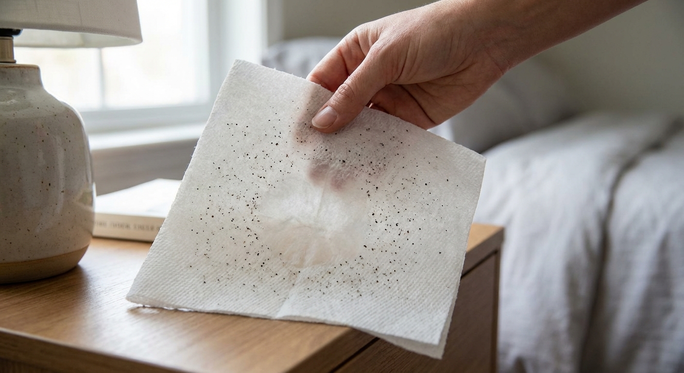 A real photograph of a hand holding a white paper towel with tiny dark specks and a small damp area on a bedside table
