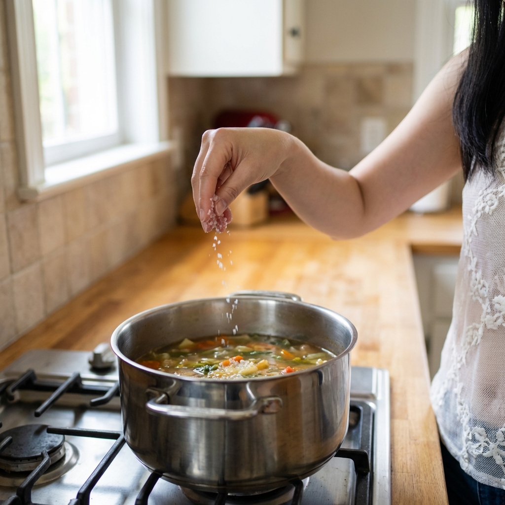 A real photograph of a hand sprinkling salt over a pot on a stove in a home kitchen