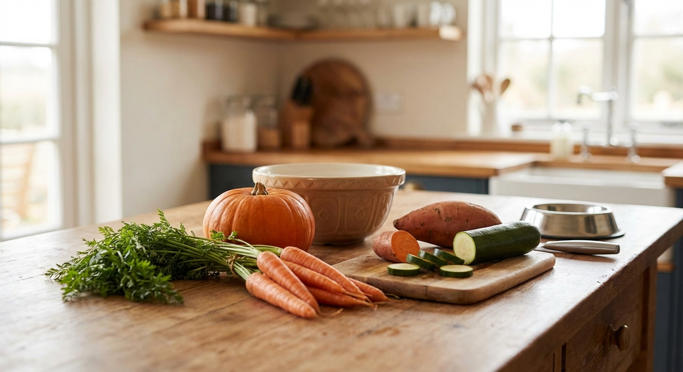 A real photograph of a kitchen counter with fresh dog-safe vegetables like pumpkin, carrots, sweet potato, and zucchini laid out next to a mixing bowl