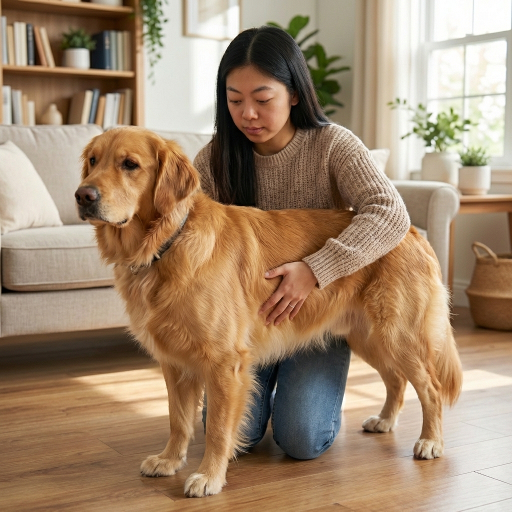 A real photograph of a large dog standing while an owner positions their hands behind the rib cage to demonstrate the abdominal thrust position