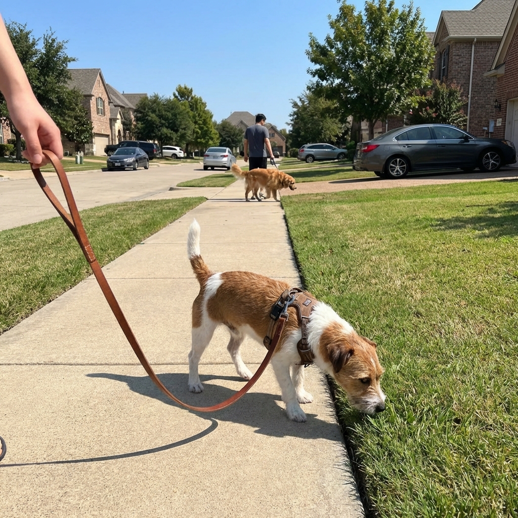 A real photograph of a leashed dog walking on a sidewalk while another dog is visible in the distance