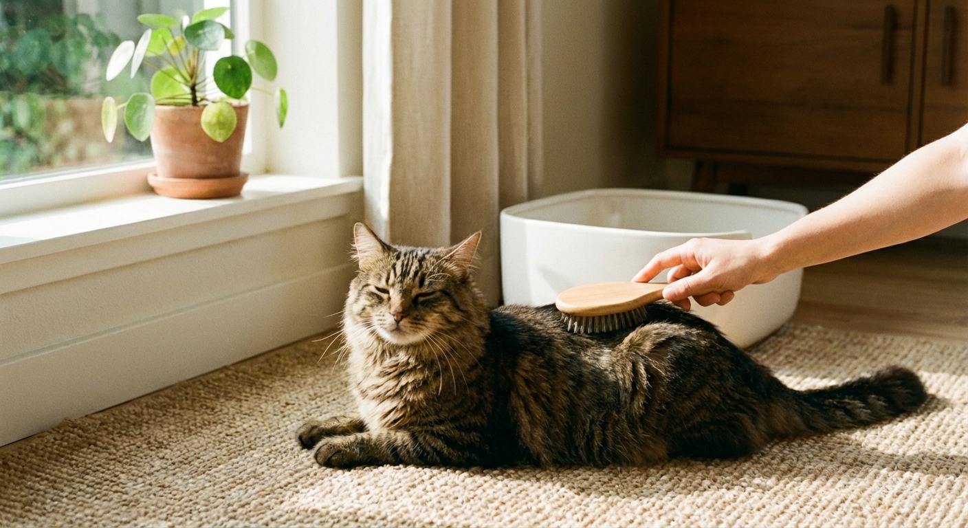 A real photograph of a long-haired cat being gently brushed on a living room floor