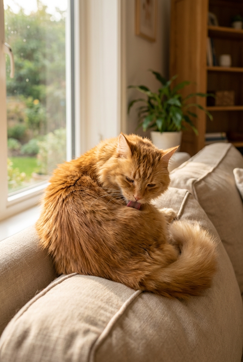 A real photograph of a long-haired cat grooming its side on a sofa in natural window light