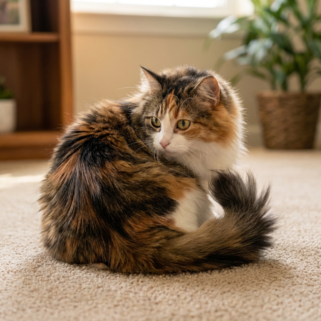 A real photograph of a long-haired cat sitting on a carpeted floor looking back toward its hind end