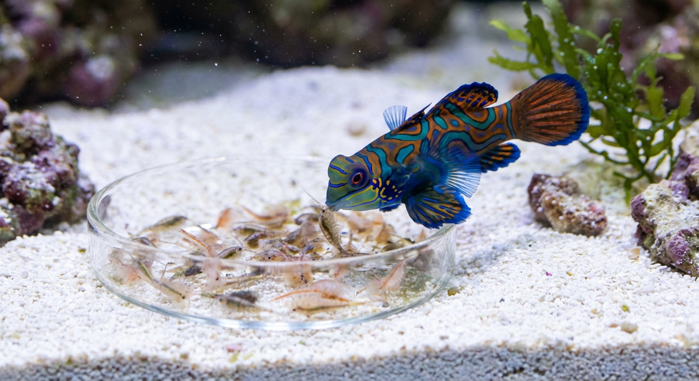 A real photograph of a mandarin dragonet eating from a small glass feeding dish placed on aquarium sand