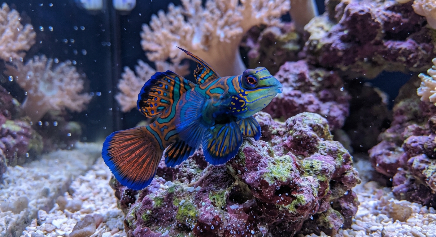 A real photograph of a mandarin dragonet perched on a rock ledge with its fins spread in a reef aquarium