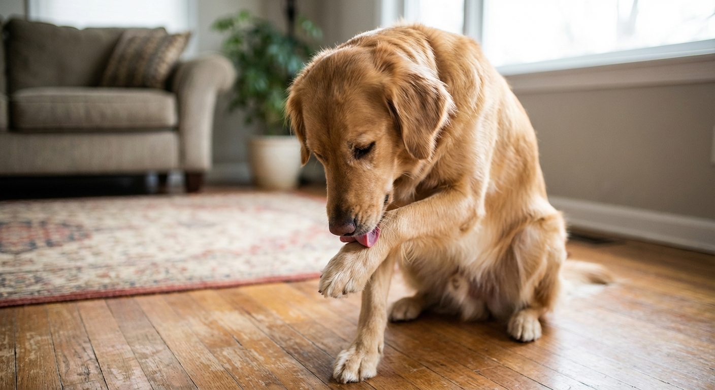 A real photograph of a medium-sized dog indoors gently licking the lower front leg near the wrist area, shallow depth of field