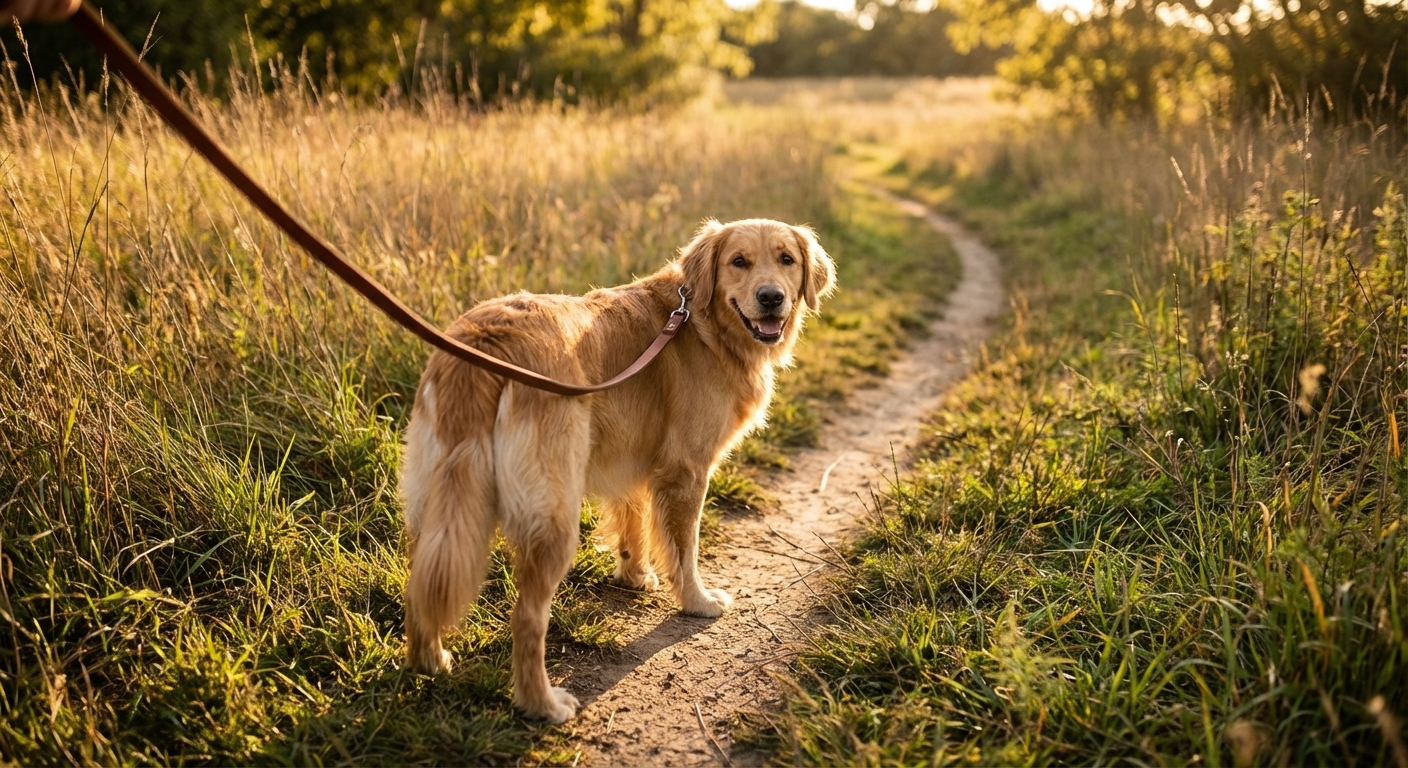 A real photograph of a medium-sized dog on a leash walking along a narrow grassy trail with tall weeds on both sides, late afternoon sunlight