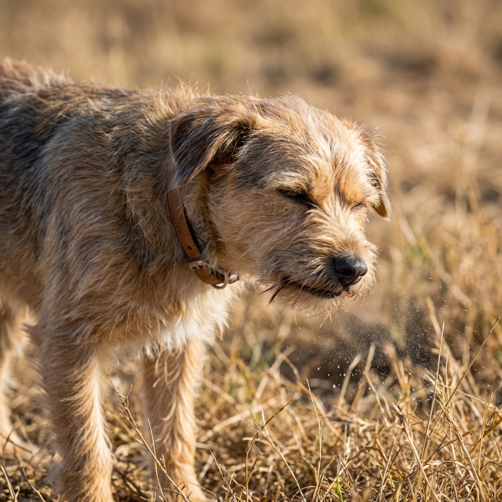 A real photograph of a medium-sized dog outdoors mid-sneeze with eyes squinted and head slightly lowered, standing near dry grassy vegetation