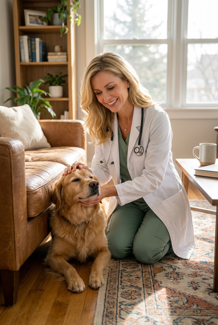A real photograph of a medium-sized dog resting on a living room floor while a person gently pets the dog’s head