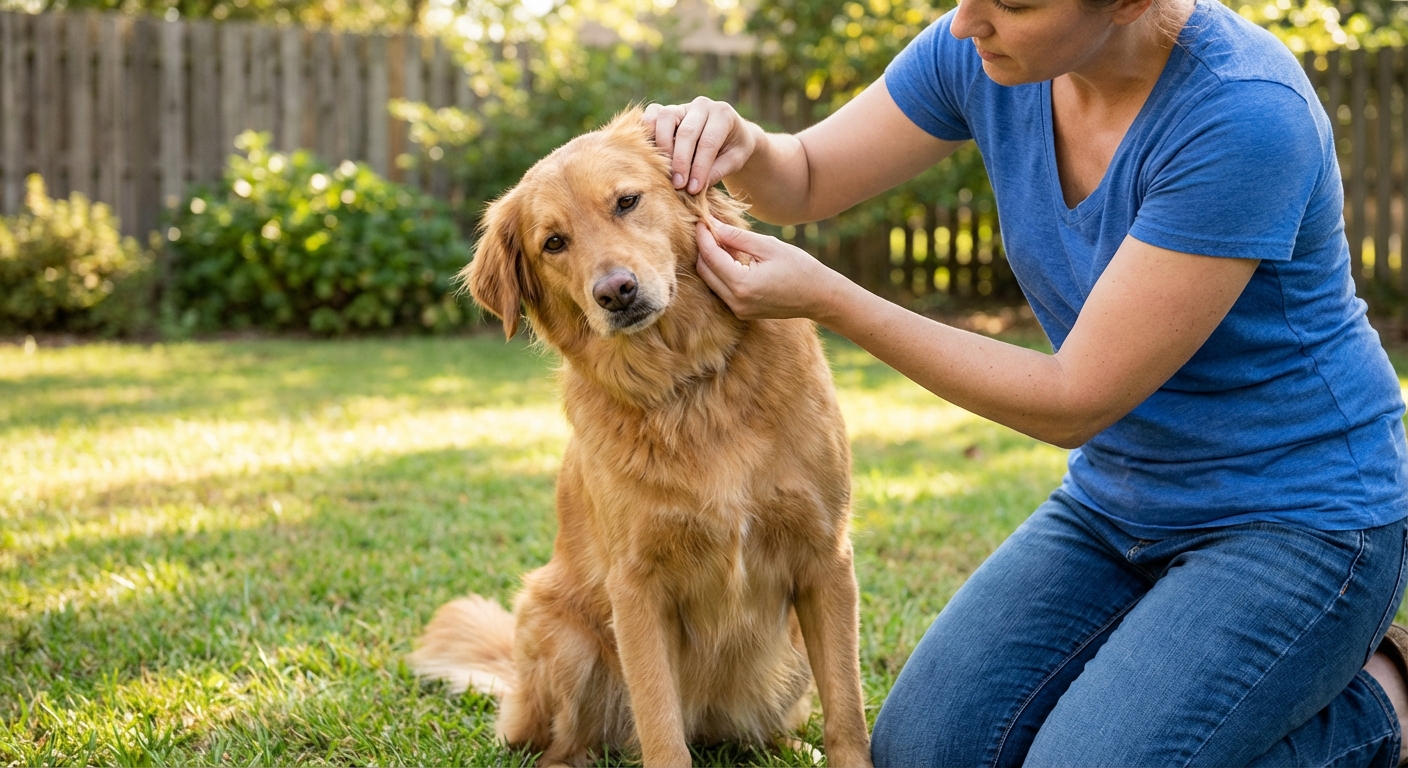 A real photograph of a medium-sized dog sitting calmly while a person checks around the ears and neck for ticks