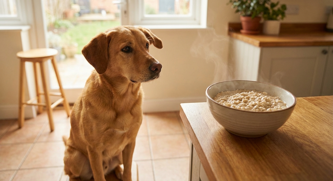 A real photograph of a medium-sized dog sitting patiently in a kitchen while a bowl of cooked oats cools on a counter