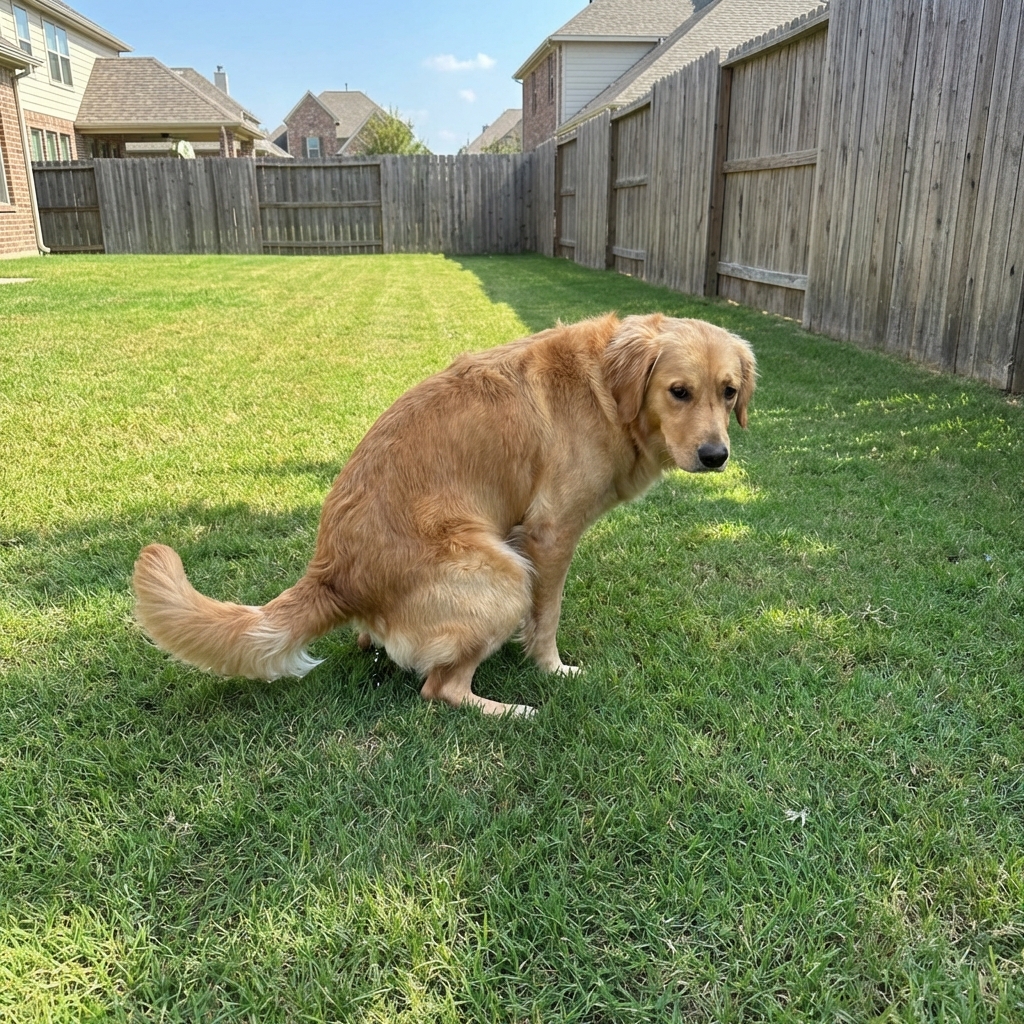 A real photograph of a medium-sized dog squatting to urinate on green grass in a backyard during daylight