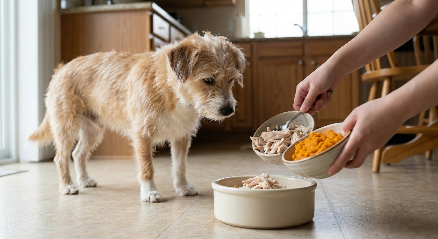 A real photograph of a medium-sized dog standing in a kitchen while a person scoops plain cooked turkey and pumpkin into a ceramic dog bowl