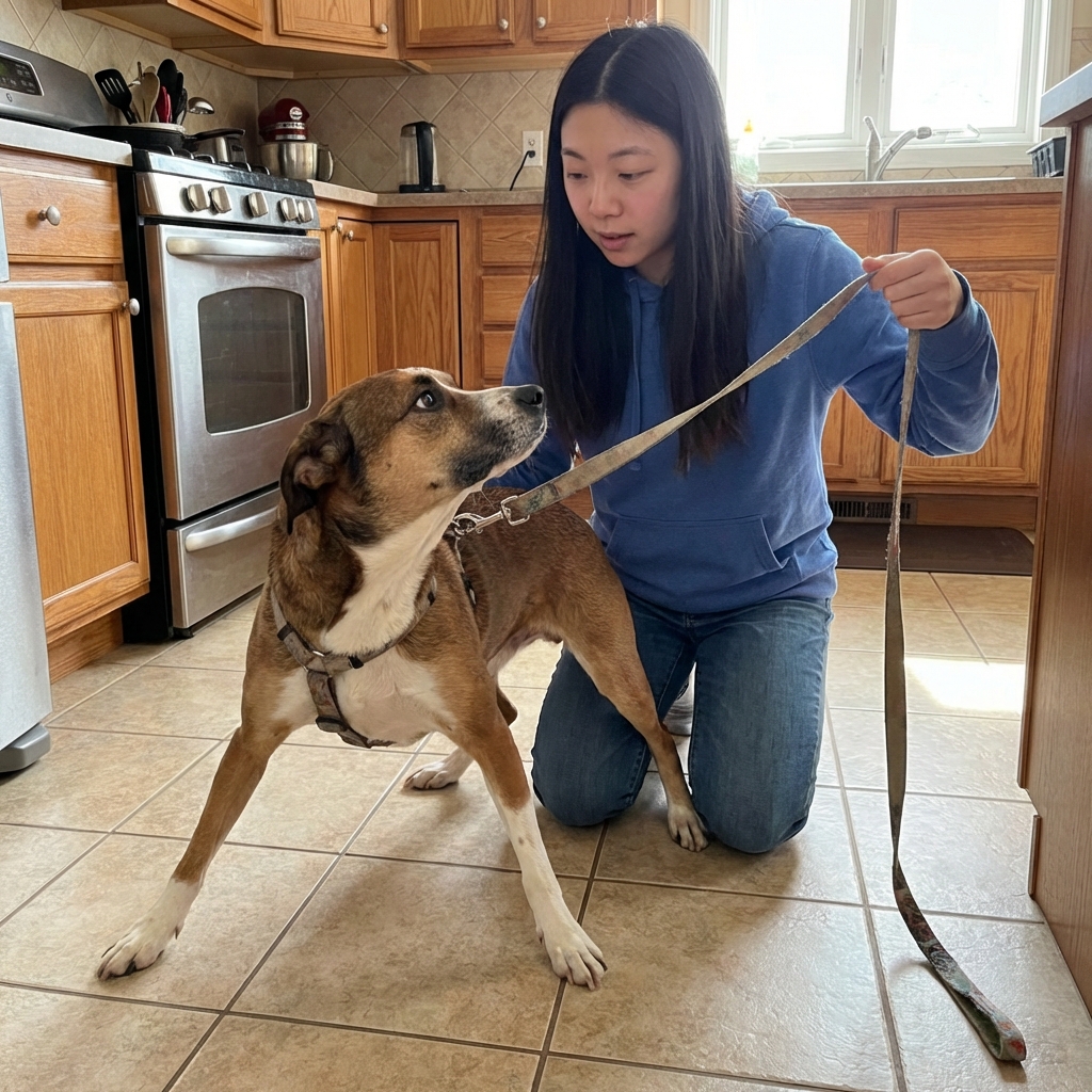 A real photograph of a medium-sized dog standing unsteadily on a kitchen floor while a person holds a leash for support