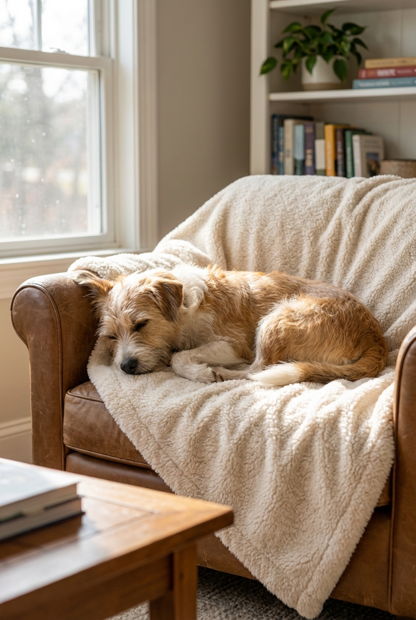 A real photograph of a medium-sized mixed-breed dog resting on a soft blanket in a living room