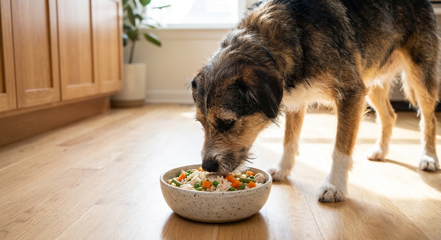 A real photograph of a medium-sized mixed breed dog eating from a ceramic bowl containing homemade chicken and rice with vegetables on a clean kitchen floor, candid natural light