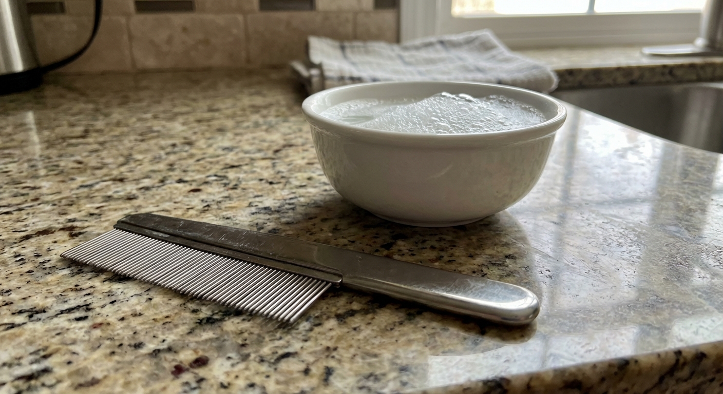 A real photograph of a metal flea comb next to a small bowl of soapy water on a kitchen counter