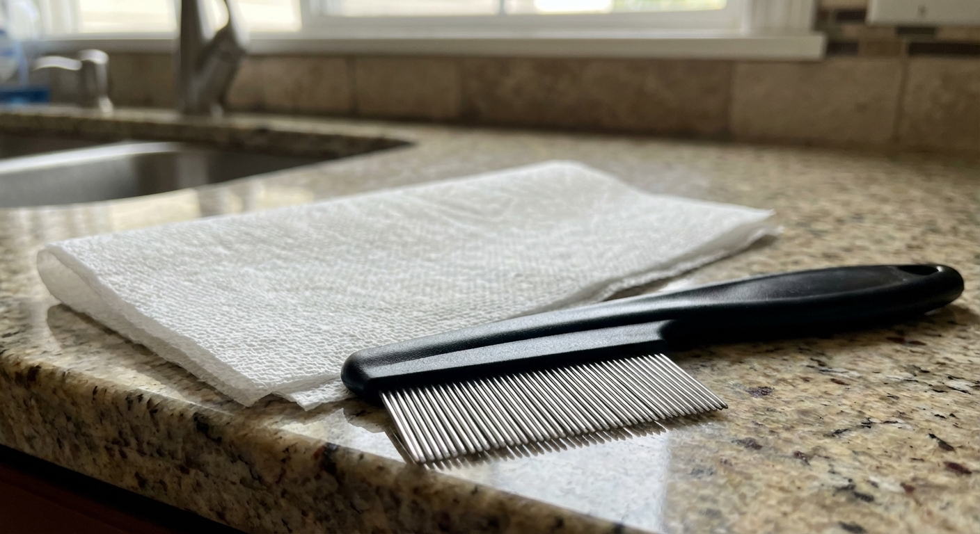 A real photograph of a metal flea comb next to a white paper towel on a kitchen counter