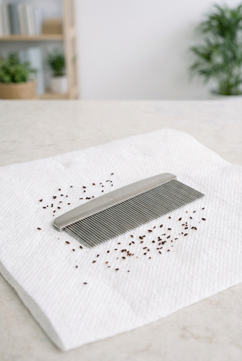 A real photograph of a metal flea comb on a white paper towel with small dark specks next to it