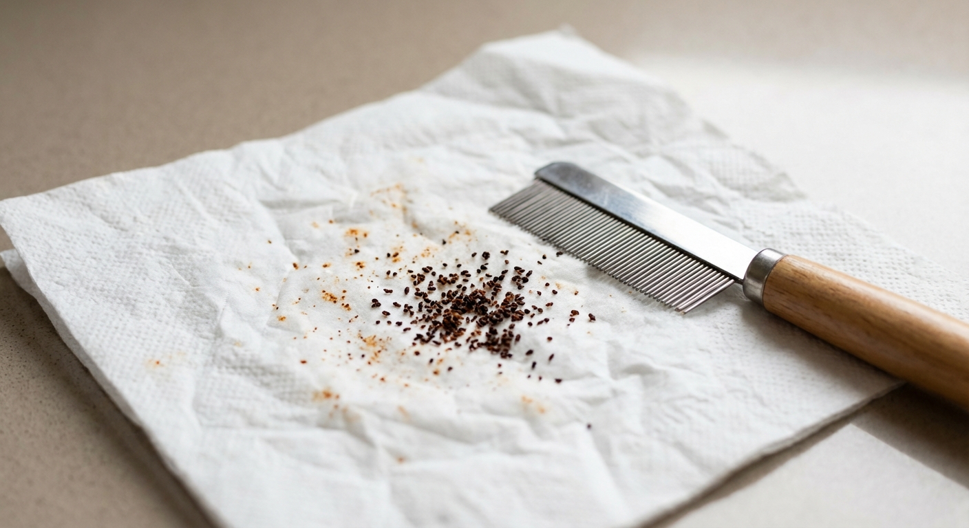 A real photograph of a metal flea comb resting next to a small pile of dark flea dirt on a white paper towel