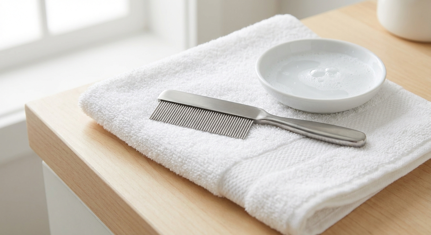 A real photograph of a metal flea comb resting on a white towel beside a small dish of soapy water