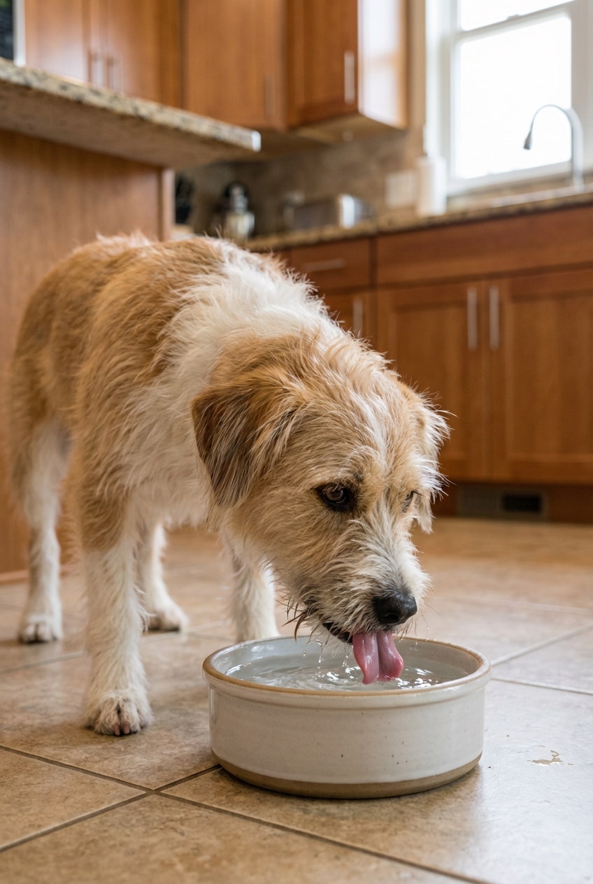 A real photograph of a mixed-breed dog drinking small sips of water from a bowl in a kitchen