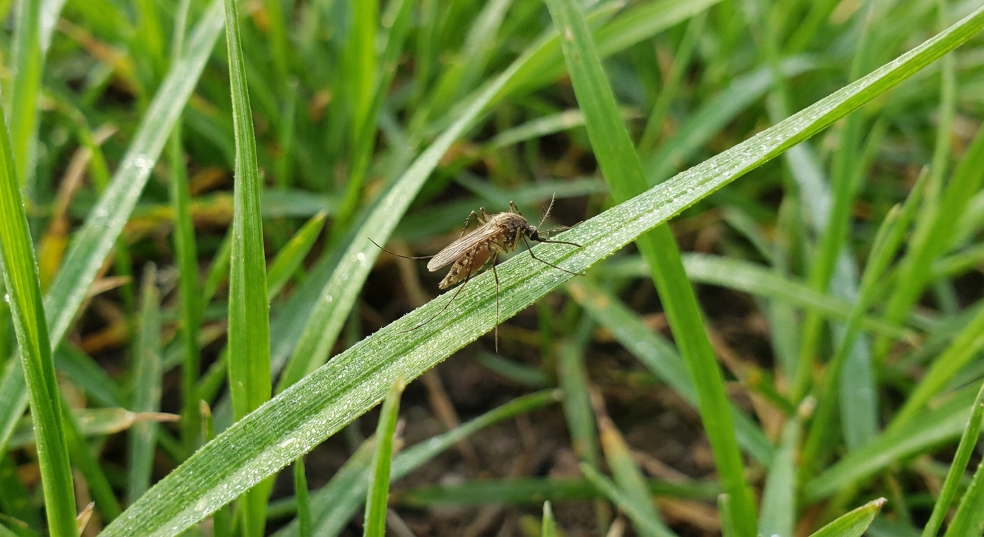 A real photograph of a mosquito perched on green grass outdoors