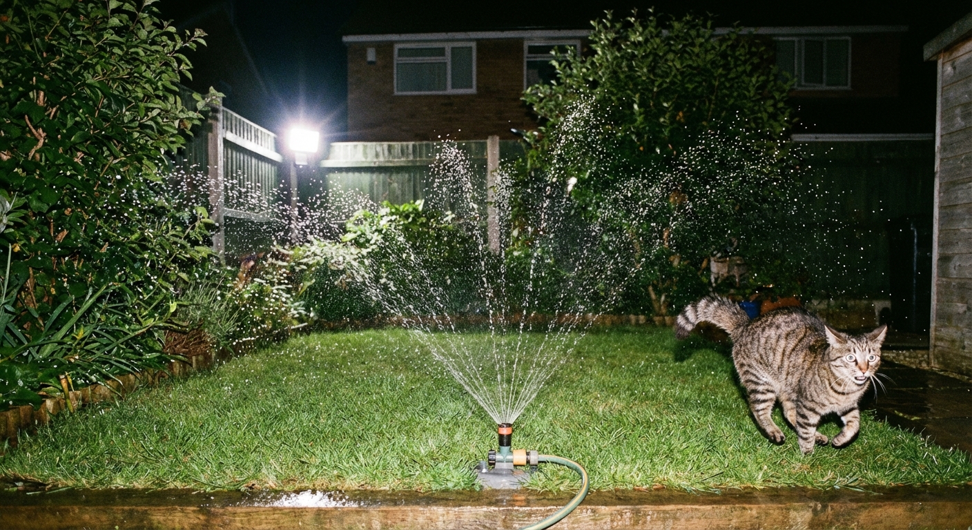 A real photograph of a motion-activated sprinkler spraying water across a small lawn at night with a cat at the edge of the yard