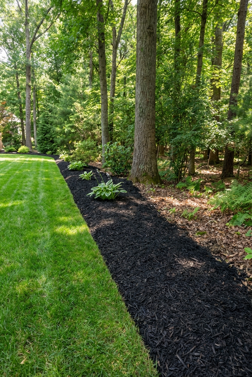 A real photograph of a neatly trimmed backyard edge with a mulch border separating lawn from a wooded area
