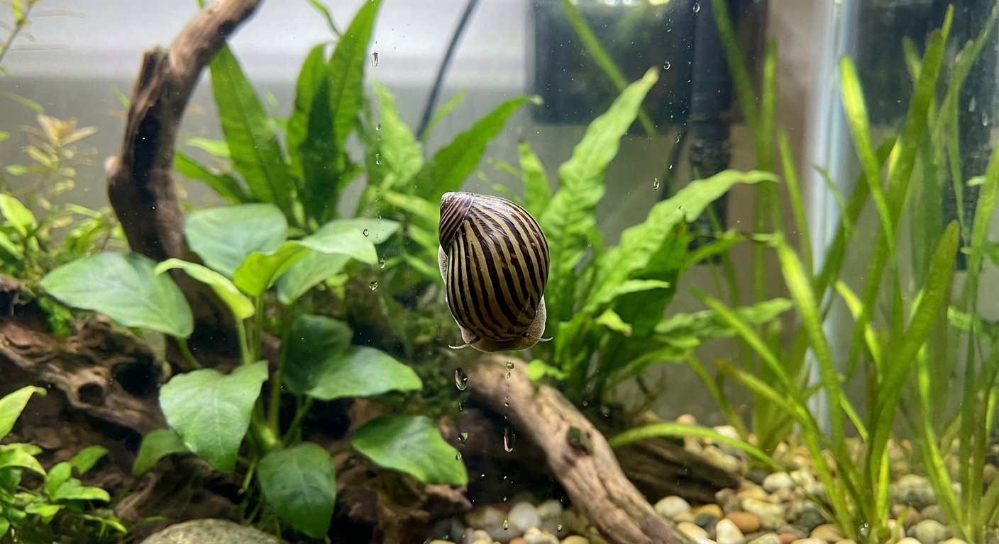 A real photograph of a nerite snail on aquarium glass with green aquatic plants in the background