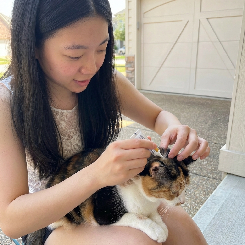 A real photograph of a person applying a topical flea preventive to the back of a cat’s neck at home