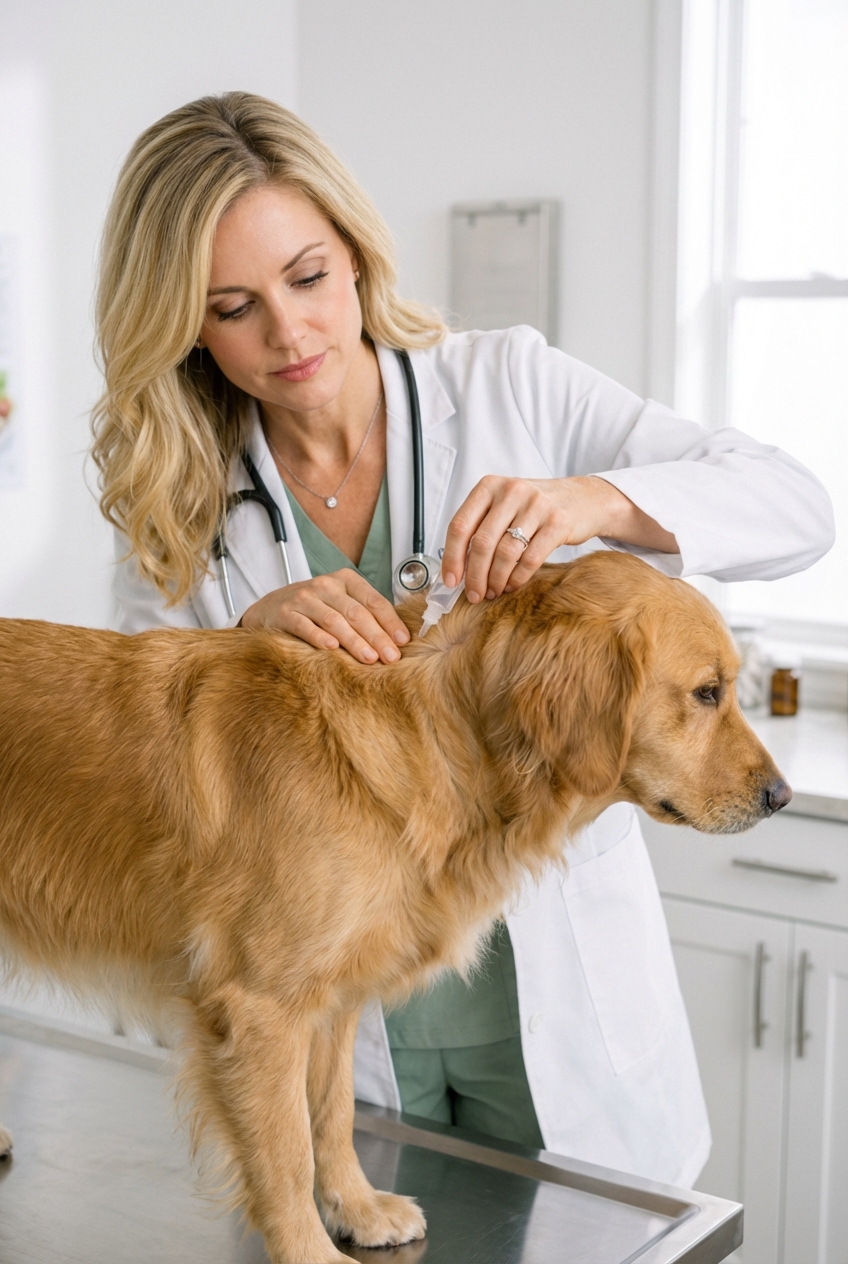 A real photograph of a person applying a topical flea preventive to a dog by parting the fur at the back of the neck