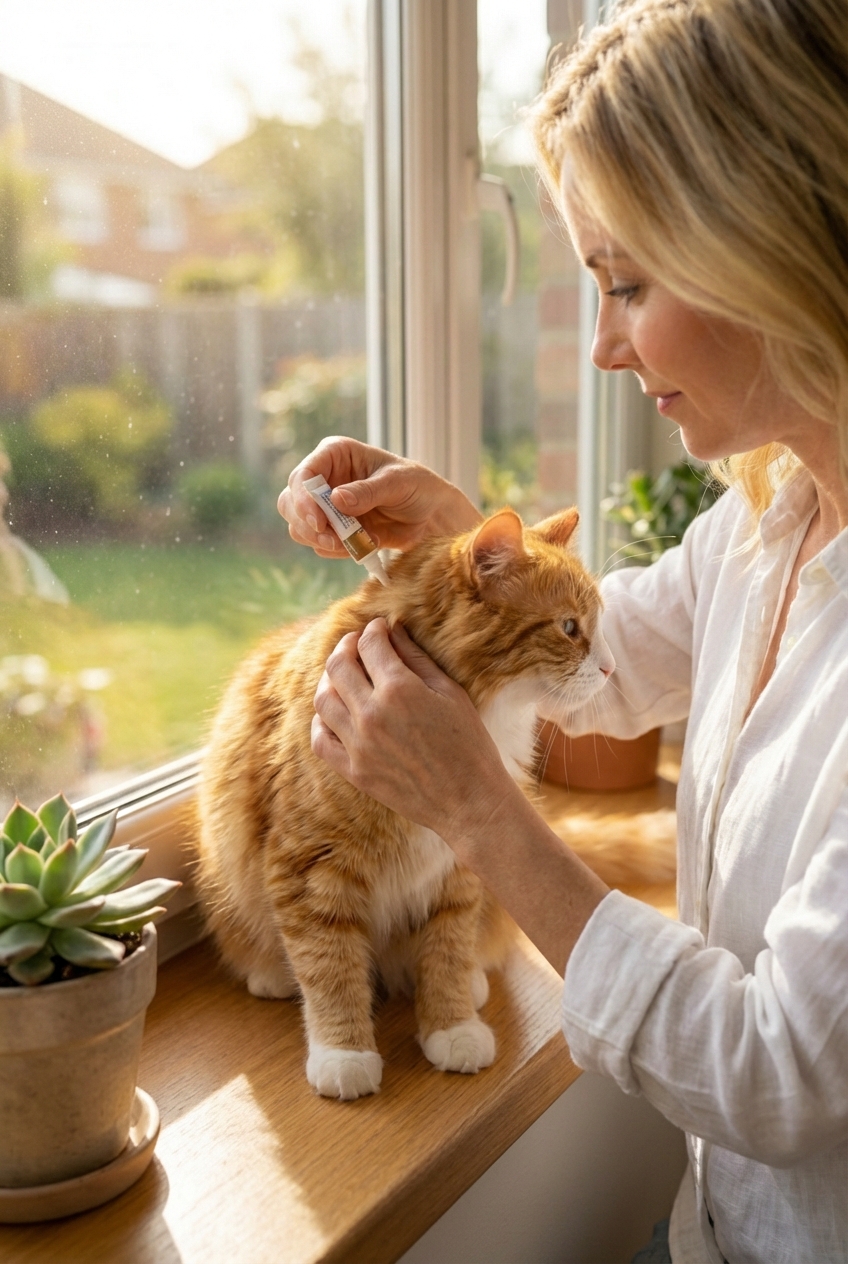 A real photograph of a person applying a topical preventive medication to the back of a cat’s neck while the cat sits calmly