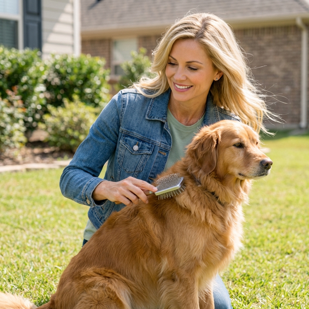 A real photograph of a person brushing a medium-sized fluffy dog outdoors on a sunny day
