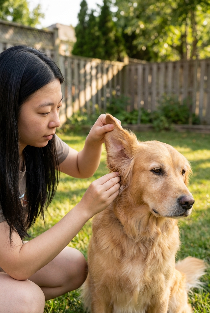 A real photograph of a person gently checking a dog’s ear flap and fur for ticks in natural daylight