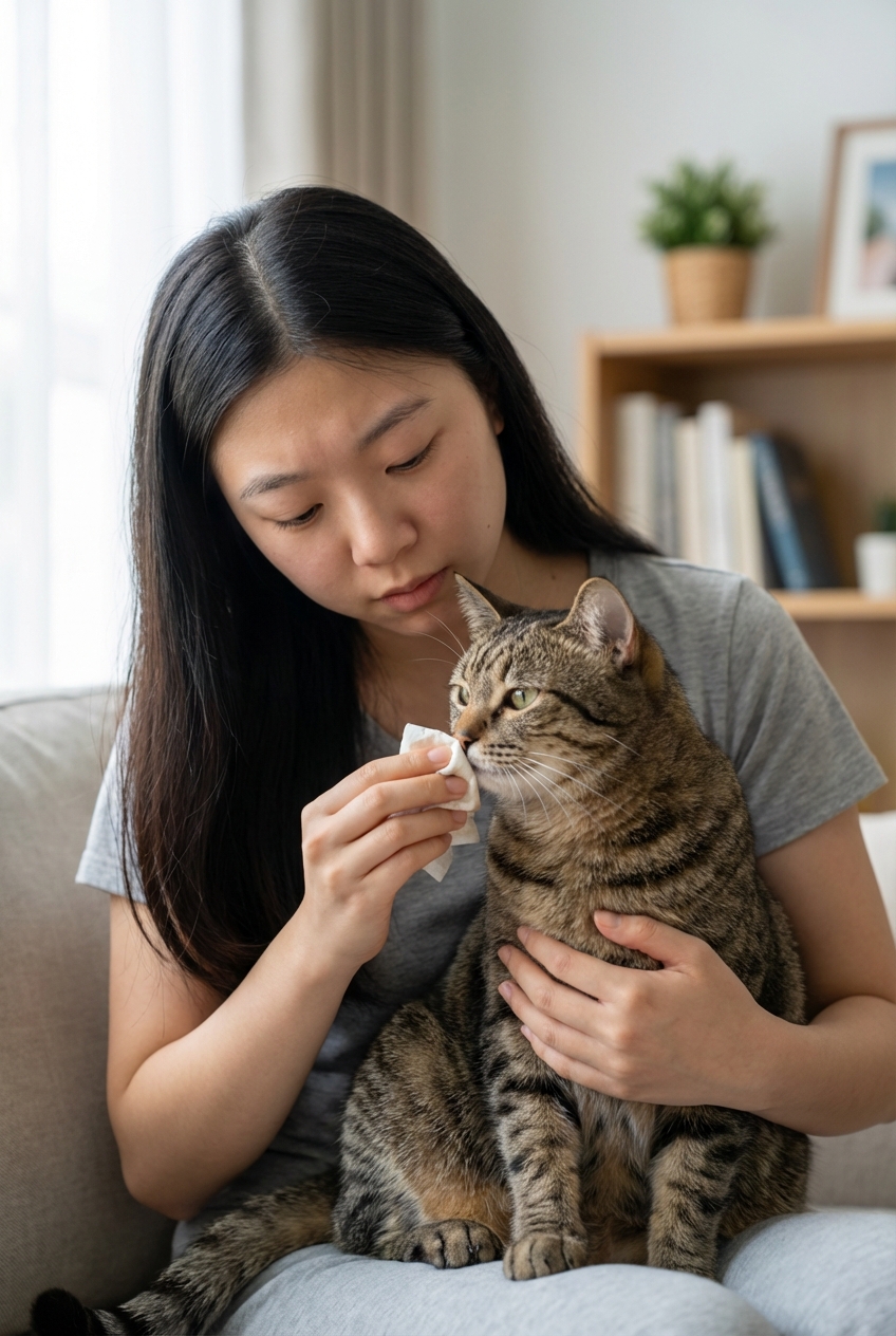 A real photograph of a person gently holding a cat while checking for nasal discharge in soft indoor light
