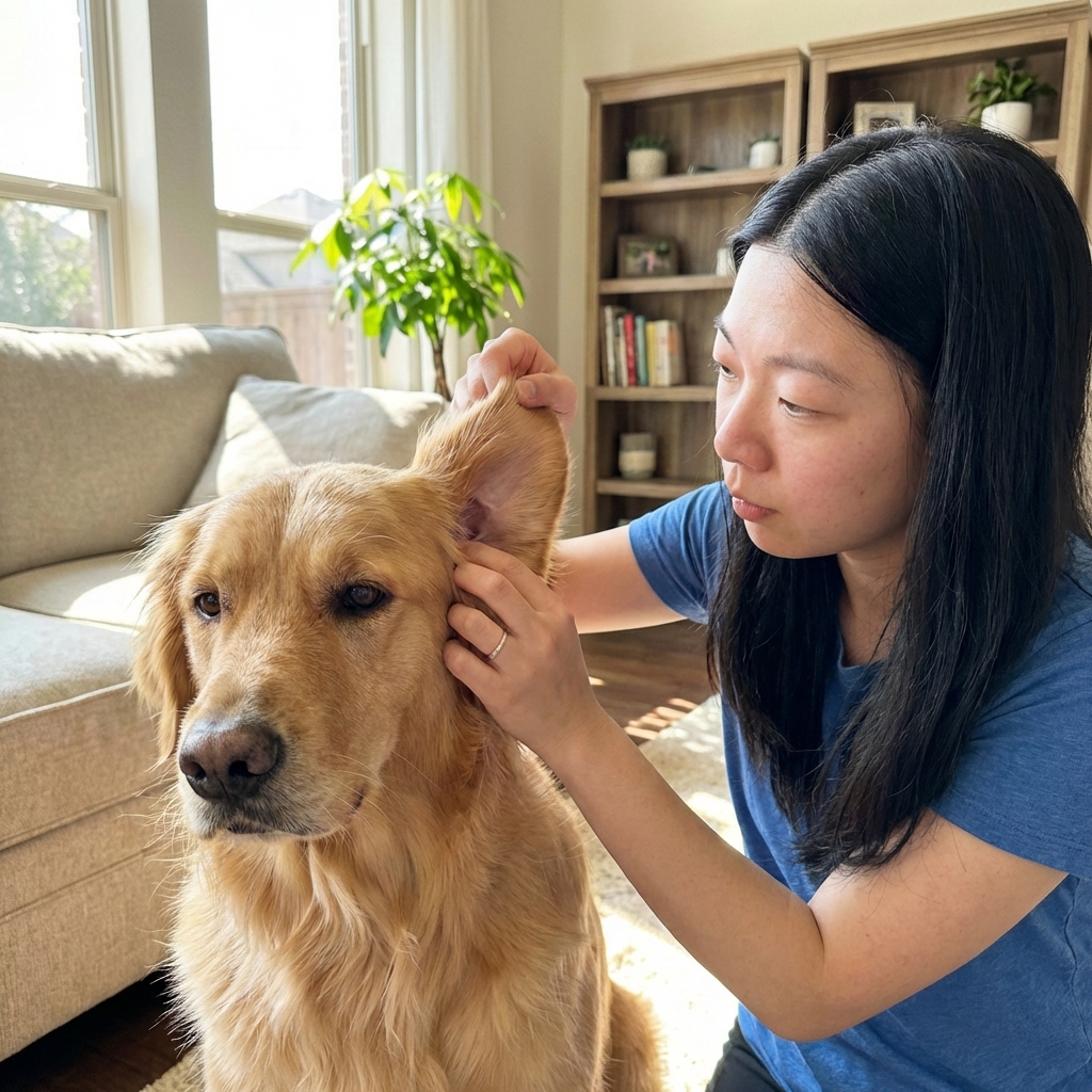 A real photograph of a person gently lifting a dog's ear flap while the dog sits calmly on a couch