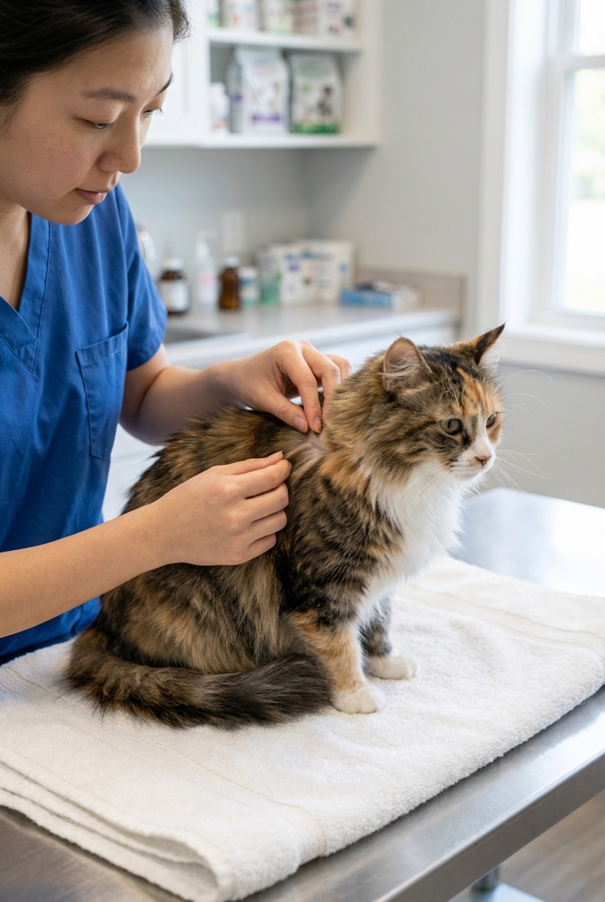 A real photograph of a person gently parting a cat's fur with their fingers while the cat sits on a towel in a quiet room