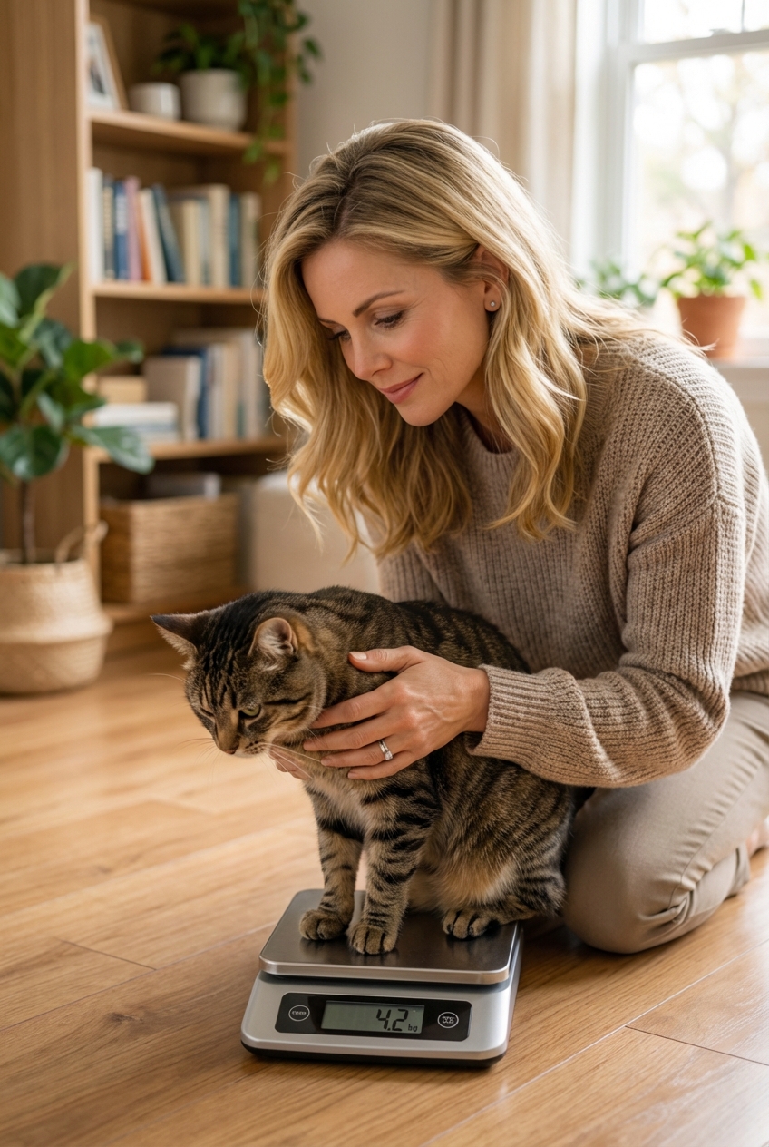 A real photograph of a person gently weighing a cat on a small digital scale at home