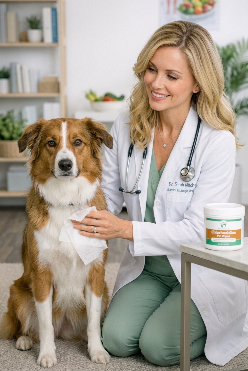 A real photograph of a person holding a chlorhexidine pet wipe near a dog’s shoulder while the dog calmly sits