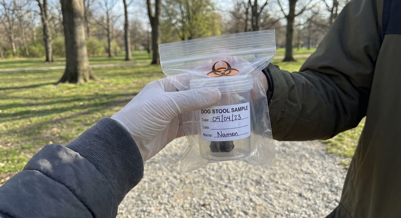 A real photograph of a person holding a sealed dog stool sample container outdoors