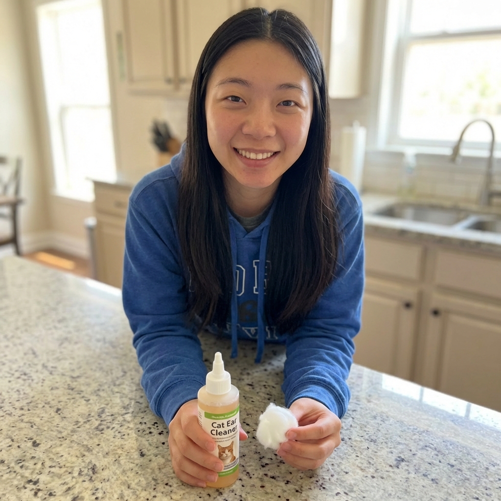 A real photograph of a person holding a small bottle of cat ear cleaner next to a cotton ball on a countertop