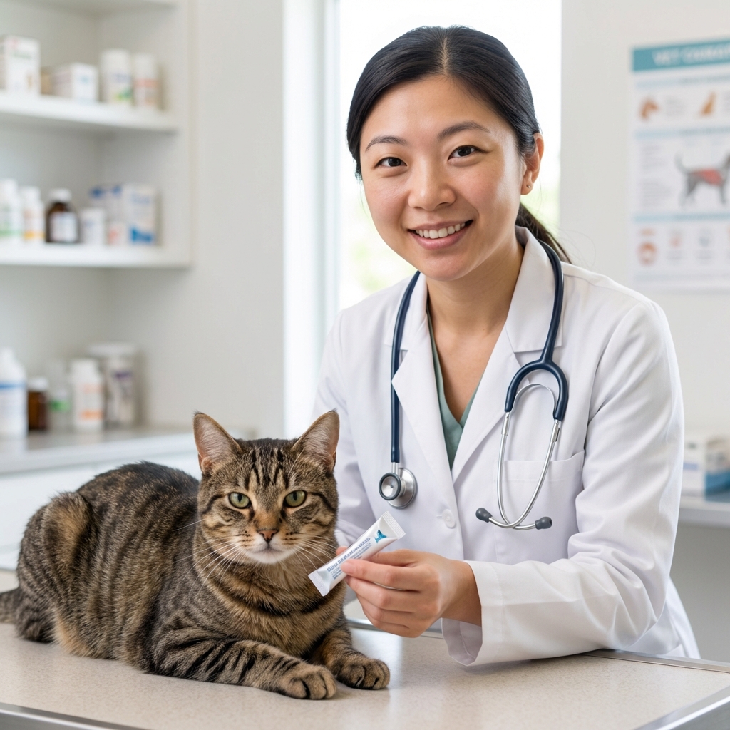 A real photograph of a person holding a small cat-safe topical flea medication tube next to a calm adult cat