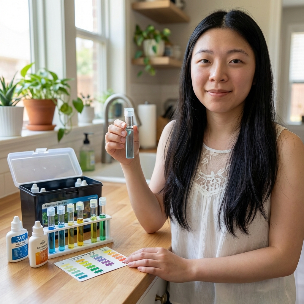 A real photograph of a person holding a small vial of aquarium water next to a liquid test kit with colored test tubes on a countertop