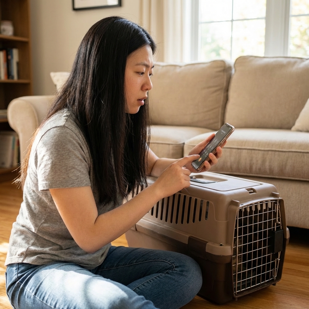 A real photograph of a person holding a smartphone near a cat carrier in a living room, preparing to call a veterinary clinic