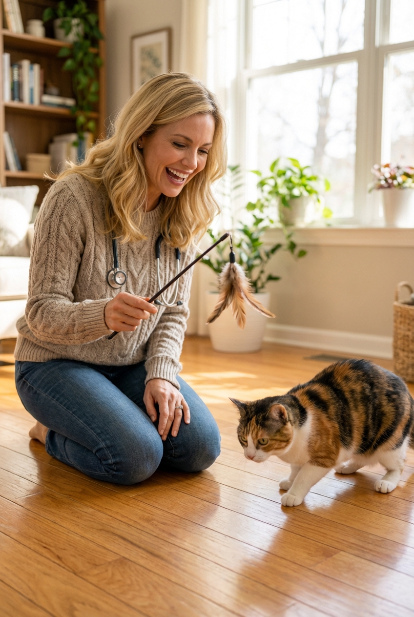 A real photograph of a person holding a wand toy while a cat watches closely on a hardwood floor