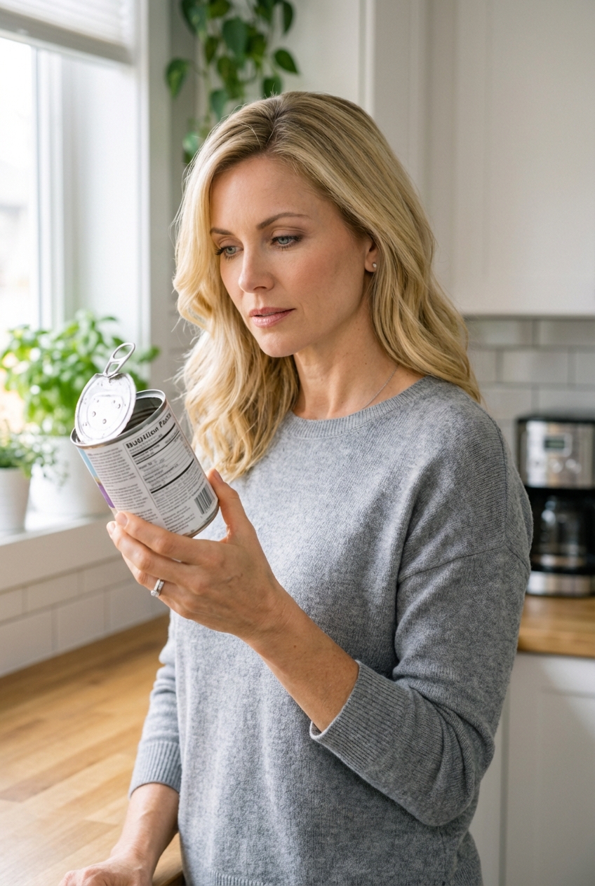 A real photograph of a person holding a wet cat food can and reading the nutrition label in a well-lit kitchen